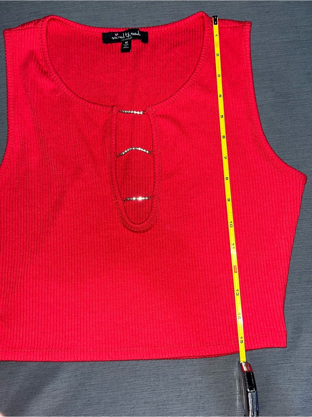 Mixed Thread LA Red Ribbed Crop Top Tank Rhinestone Cutout Size M 💎 - Picture 3 of 8